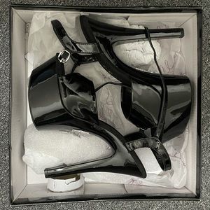 platform kitten black patent leather stripper heel